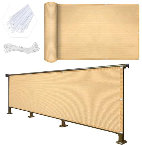 Balkon Sichtschutz Balkonumspannungen 70 x 650 cm Blickdichte Windschutz Privatsphäre Atmungsaktiv Balkonumrandung mit Ösen, Kabelbinder für Garten Balkon Terrasse, Sandgelb