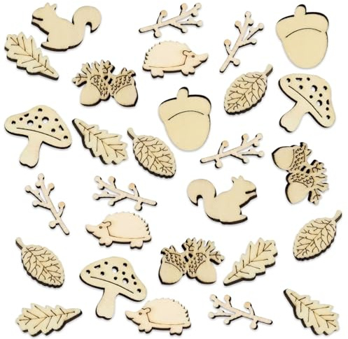 100Pcs Autumn Wooden Craft Shapes - Squirrel Mushrooms Leaves Shapes Chips Cartoon Wooden Embellishments for Kids DIY Handmade Accessories