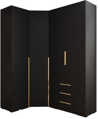 MEBLE KRYSPOL Inova 1 Möbelset - Moderne Garderobe - für Schlafzimmer, Wohnzimmer, Flur, Kinderzimmer - Ankleidemöbel - 236,7x231,7x47cm - Schwarz, Handgriff Gold