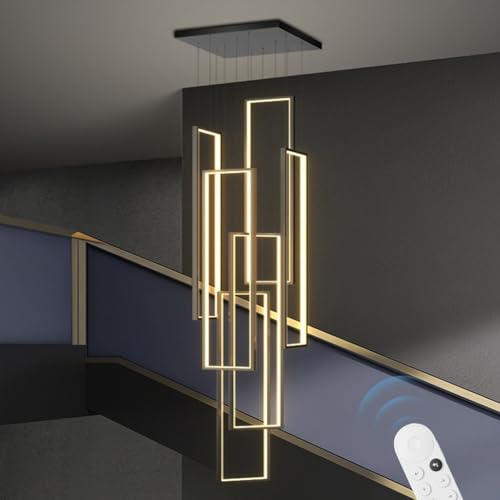 ENXING Moderne Kronleuchter Lange Treppe LED Kronleuchter 6 Lichter Dimmbar Höhenverstellbar Mit Fernbedienung Schwarz Kronleuchter Für Villa Dachgeschoss Duplex Eingangshalle Hohe Decke Kronleuchter