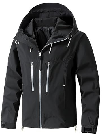 Ewleguzka Leichte Herren-Regenjacke, atmungsaktiv, versiegelte Nähte, Regenkleidung, verstellbar, ideal für Reisen, Camping, Trekking, elegante Outdoor-Jacke, Rugby, Übergröße S-4XL, schwarz 1, XXL