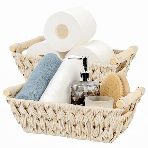 GRANNY SAYS Wicker Storage Baskets for Shelves, Pack of 2 Shelf Storage Baskets Small, Handwoven Wicker Boxes with Handles for Bathroom Organising, Decorative Organiser for Entryway Bedroom, White
