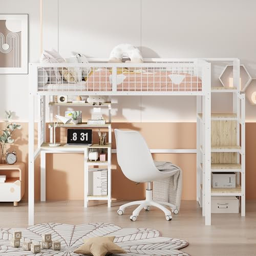 Cuna, cama alta, escalera de seguridad en el lateral, armario con marco de hierro para almacenamiento y organización, escritorio de ordenador debajo de la cama, 140 x 200 cm (blanco)