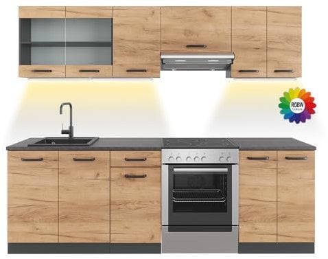 Vicco Küchenzeile Raul, Goldkraft Eiche/Anthrazit, 240 cm, AP Schwarz Gemustert mit LED-Leisten