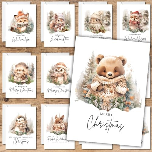 celebr8te 12x Weihnachtskarten Grußkarten Postkarten Geschenkkarten - Tier Motive +12 Sticker +12 Umschläge