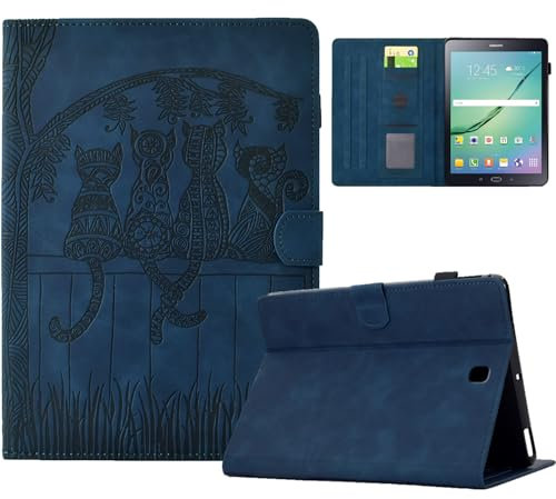 Vaitasy Funda para Samsung Galaxy Tab S2 9.7 2015 SM-T810/T815 Simpática Silueta de Gato Cuero PU con Multiángulo Folio Carcasa para Galaxy Tab S2 9.7 Azul
