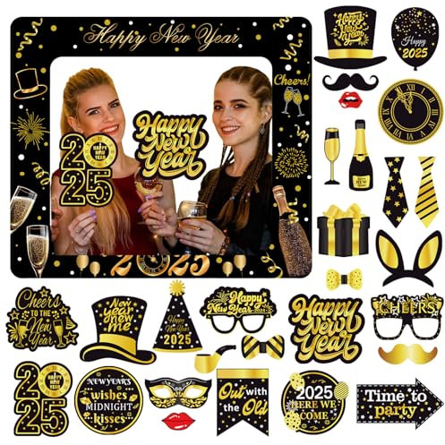 POPOYU 2025 Neujahrs-Fotokabine, 2025 Neujahr Aufblasbarer Selfie-Bilderrahmen 25 Stück glänzende Fotokabine Requisiten, glänzender riesiger blasender Rahmen für 2025 Neujahrsparty Feier Zubehör