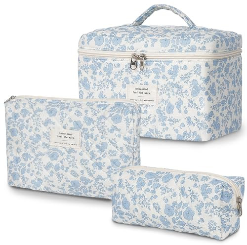 3 Stück Kosmetiktasche, Kulturtasche Damen mit Blumenmuster, Kulturbeutel Make Up Tasche, Tragbare Schminktasche Makeup Bag, Waschtasche Groß Frauen Herren, Reise Make up Bag