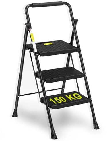 HYTAMA Scala a 3 Gradini, Sgabello Pieghevole con Ampio Pedale Antiscivolo, Scala in Acciaio Robusta, Impugnatura Comoda, Leggera, Sgabello Portatile in Acciaio, Nero Certificata EN14183