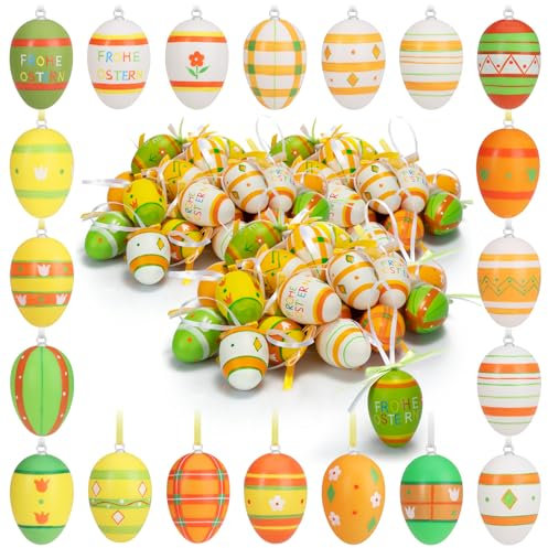 com-four® 72x handbemalte Ostereier zum Aufhängen 6 cm - Osterdeko mit Muster - Bunte Eier für Strauch oder Kranz - Deko-Ostereier aus Kunststoff - Hängedeko [Auswahl variiert] (Mix orange/grün - 02)