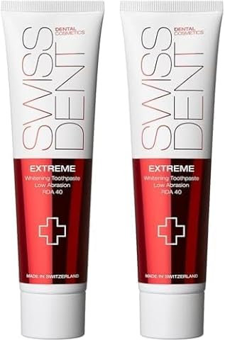 SWISSDENT EXTREME ZAHNCREME, 100 ml Whitening Zahnpasta, hilft speziell bei Verfärbungen durch Rotwein, Kaffee und Rauchen, mit Koenzym Q10 & Vitamin E für gesunde & weiße Zähne (Packung mit 2)