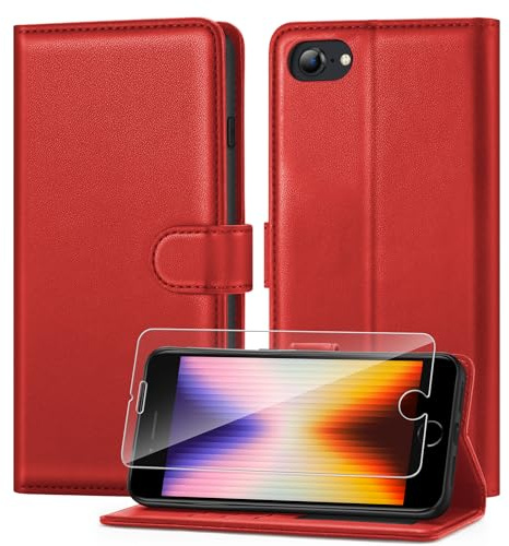 ivencase Compatible with iPhone SE 2022/2020, iPhone 7/8 Phone Case with 1 Screen Protector, [RFID Blocking] PU Leather Flip Wallet Case with Card Slots Stand Magnetic Cover 4.7 Inch - Red