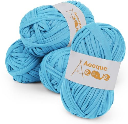 Aeeque 4 x 100g Tshirt Garn, T-shirt Garn zum Häkeln und Stricken, Bändchengarn für Körbe, Dicke Häkelgarn für Häkeltaschen, Teppiche, Mütze, Himmelblau