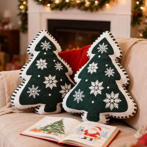 Lanpn 2 Stück Weihnachtsbaum Kissen Weihnachtskissen, Schneeflocke Weihnachts Kissen Dekokissen Flauschiges Zierkissen für Geschenk Party Bett Sofa Couch Innenbereich Weihnachtsdeko (Grün, 43x49cm)