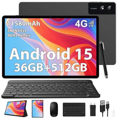 SADSYMB Tablet 13 Pulgadas con Android 15, 36GB RAM+512GB ROM (Extensión 2TB), 2.2GHz Octa-Core con 4G LTE/5G WiFi, 2940x1840 INCELL, Gemini AI, 11580mAh, 13MP+8MP, BT5.0/GPS/Tablet con Teclado(Nero)