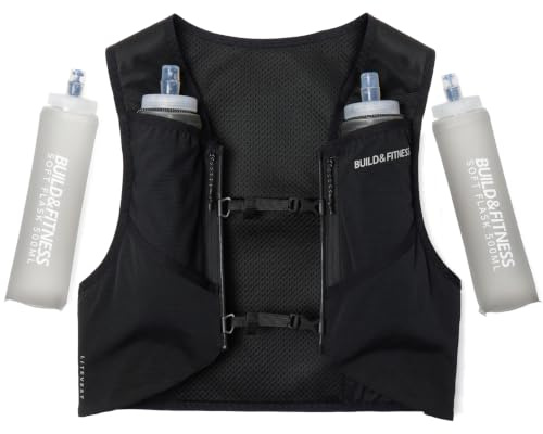 Gilet di idratazione LITEVEST Build & Fitness con 2 borracce morbide da 500 ml – 7 tasche, traspirante, comodo, sicuro ed elegante per trail running, maratone e corse quotidiane