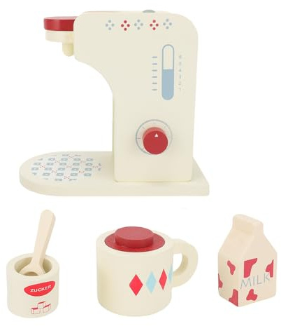 RiToEasysports Kaffeemaschinen-Set aus Holz, Küchenspielzeug, Buchenholz-Rollenspiel-Küchenzubehör für, und Mädchen ab 3 Jahren, Interaktives Lernspielzeug mit Tasse, Zuckerdose, Milchkarton