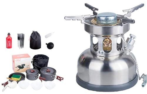 Estufa de camping portátil con cocina gasolina integrada, calentador gasolina/alcohol 3300 W for patio, terraza, senderismo, caza, pesca en hielo, emergencias y supervivencia