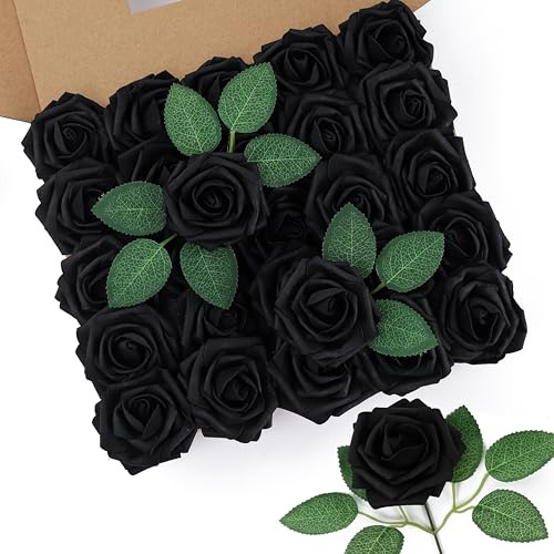 DuHouse Artificial Roses 50Pcs Fake Foam Rose Flowers Weeding(Black) | Real Touch Foam Roses with Stems, DIY Wedding Bouquet, Party Centerpiece, Floral Arrangement, Party Home Decor