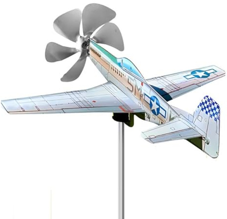 Buhdjfnke 3D-Flugzeug-Garten-Wetterfahne, Windrad, Korrosionsbeständiges Metallflugzeug, Plug-In-, Windspinner, Wetterfester Garten