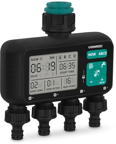 VONROC Wasser-Timer – Bewässerungscomputer – Automatisches Bewässerungssystem – Einstellbares Intervall und Dauer: 1 Stunde bis 15 Tage/1 Sek bis 99 Min (4 Weg ohne Bewässerungssystem)