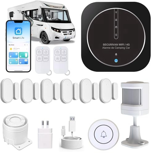Alarme de Camping Car – WIFI/4G – Surveillance 24h/24h – Alerte sur téléphone - 2 Sirènes – Basse consommation – Adapté aux cloison Alu/Polyeste - Pas de Fausse Alarme – Expédiée programmée –