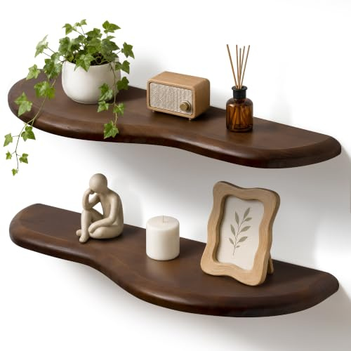 Afuly Wandregal Holz 60cm Lang, Schweberegal Massivholz mit unsichtbarer Halterung, Wandboard Regalbrett für Wohnzimmer Schlafzimmer Küche, Wandregale 2er Set, Walnuss