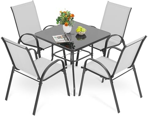 Avestar 5-teiliges Gartenmöbel Set, Garten-Essset für 4 Personen, 4 stapelbare Stühle und EIN quadratischer Tisch aus Metell, für Rasen, Balkon, Garten, grau und schwarz