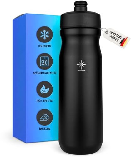 Thermo Fahrradflasche Edelstahl 600ml (1 × Schwarz) | Rennrad Trinkflasche | 12h eiskalt | ultraleicht 340g | spülmaschinenfest | für gängige Fahrradhalter | auslaufsicher & BPA-Frei | Soft-Mundstück
