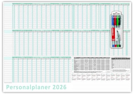Urlaubsplaner/Personalplaner 2026 nass abwischbar mit Folienkaschierung inkl. Stifteset - DIN B2 Format (700 x 500mm) 22 Mitarbeiter Januar bis März Folgejahr mit Schulferien (gerollt!)