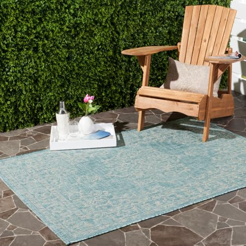 SAFAVIEH Zeitgenössische Teppich für Wohnzimmer, Esszimmer, Schlafzimmer - Courtyard Collection, Kurzer Flor, Aqua und Grau, 201 X 290 cm