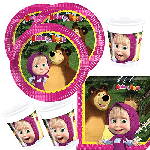 Procos 36-teiliges Party-Set Mascha und der Bär - Teller Becher Servietten für 8 Kinder