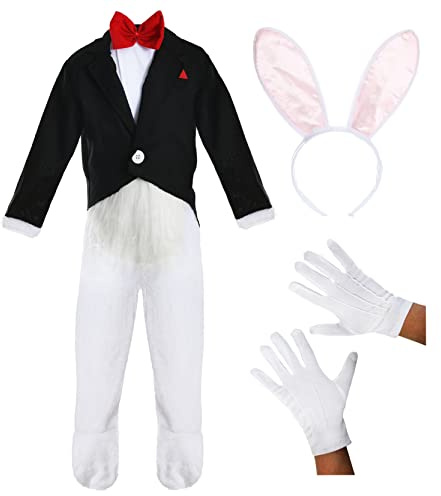 Kids White Rabbit Costume - Rabbit Costume with Attached Black Frock Coat and Rabbit Ears - Boys Girls Wonderland Rabbit World Book Day Fancy Dress Costume
