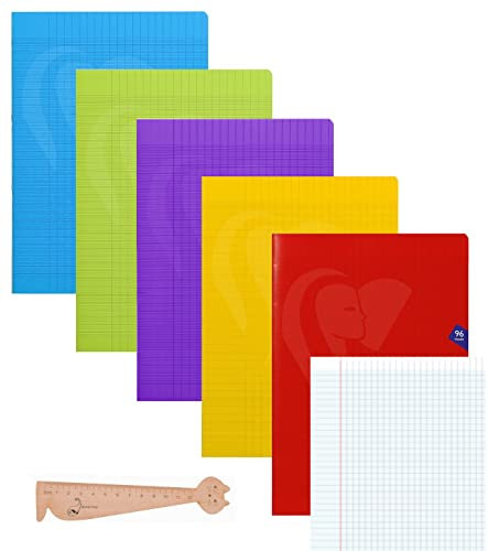 Lot de 5 cahiers Seyès piqués MIMESYS 24 x 32 cm 96 pages Grands Carreaux et 1 Règle Marque-Page en Bois