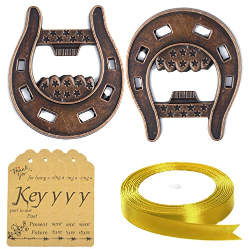 Aokbean 24Pcs Lucky Horseshoe Bottle Opener Wedding Party Favors, with Escort Tags and Ribbons for Rustic Vintage Bar Party Baby Shower Christmas Decorations Souvenirs Gift for Guests (Copper)
