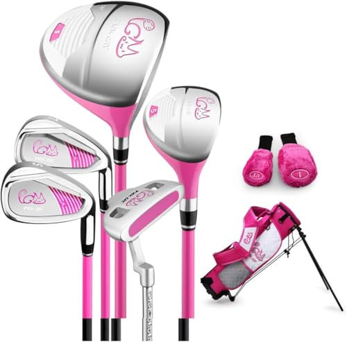 PGM Set completo di mazze da golf per bambini da 6 a 8 anni, 5 mazze da golf con borsa per supporto e 2 copritesta per ragazzi e ragazze, mano destra, rosa