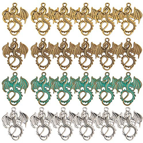 SUNNYCLUE 1 Box 24pcs 6 Styles Dragon Charms Pendants Alloy Flying Dragon Key Ring for Jewellery Necklace Bracelet Making Accessory, 35mm Dragons Gothic Pendants Charms for Women Men Halloween Party