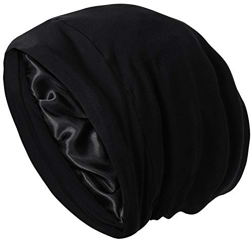 Satin-Schlafmütze, Haarabdeckung, Satin-gefüttert, Slouchy Beanie, Seidenfutter, Nachtschlafmütze für Cuirly Hair, Schwarz, Einheitsgröße