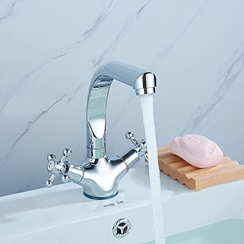 Grifo de Lavabo Retro Cross de Doble Palanca para Baño - Mezclador Plateado con Dos Manijas y Núcleo de Latón Cromado