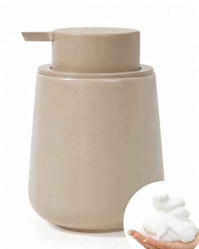 BosilunLife Ceramic Soap Dispenser 11Oz Refillable Foam Hand Lead-Free | Hand Soap Dispenser for Kitchen Bathroom Countertop Rust-Proof Dish Soap Pump Dispenser for Bathroom(Foam, Khaki)