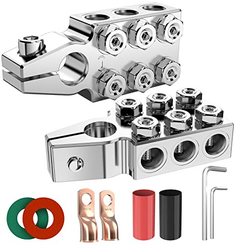 Battery Terminal Connectors, 12-Way Battery Terminal Clamps, BetyBedy Battery Terminals Top Post 8AWG up to 4/0(XL) AWG Gauge, Positive and Negative (+/-)(1 Pair) for SAE/DIN/EN Tapered Top Post