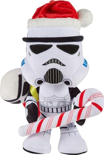 Mattel ​Star Wars Stormtrooper Plüschpuppe & Ornament, 25,4 cm weiches Spielzeug mit Weihnachtsmannmütze, Zuckerstange und Sack, in dem die Weihnachtsdekoration aufbewahrt wird