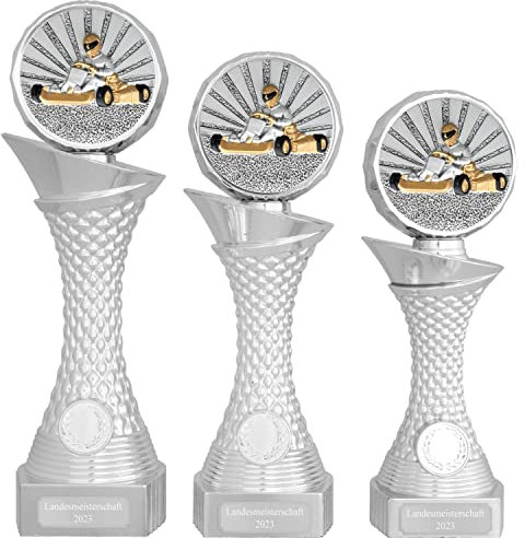 Druckspezialist Kart Pokal AVORD Autorennen Car Silber mit Gravur (Set je 1x S, M und L)