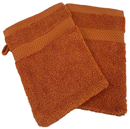 Sue Rossi Face Cloth Wash Mitt Set, 100% Organic Turkish Combed Cotton, 600GSM Thick With Hanging Loop, Size 16cm x 21cm, Flannel Glove Pack Soft & Absorbent (Orange, 2)