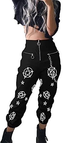 DINGJIUYAN Gothic Harajuku Graphic Pants Zipper Chain Harem Trousers Plus Size High Waist Casual Pants