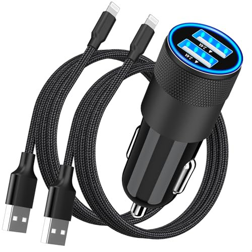 [Apple MFi Zertifiziert] iPhone Auto Ladegerät, Rombica 4.8A USB Power Zigarettenanzünder USB Auto Ladegerät Adapter Mit 2er-Pack Lightning Geflochtenem Kabel Für iPhone 14 13 12 11 Pro XS XR X 8 iPad