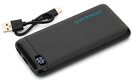 OVERMUST - Portable Charger 10000mAh, Dual USB & USB-C Ports, Recharge via USB-C/Micro USB, LCD Battery Indicator, For iPhone & Samsung, Black, 40 Grande
