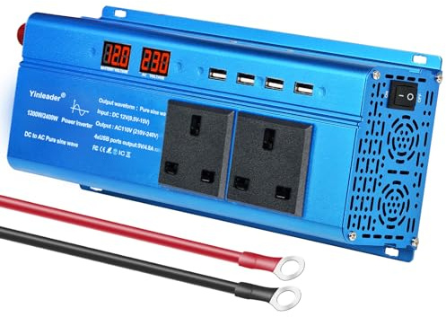 Yinleader 1200W Pure Sine Wave Inverter 12V to 230V 2 UK Socket Motorhome | 2400W Peak Power Converter with 4 USB-A ports and LCD display, ideal for campervans, camping, boats and home backup