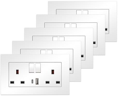 5 Pack CNBINGO Double Switched Power Socket with USB 20W Fast Charging Ports (Type A and C), 13 Amp Electrical Wall Plug Socket