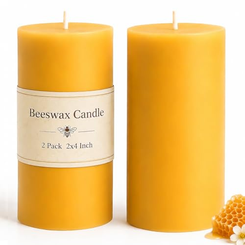 Natural Beeswax Candles Pillar, 2 Packs, 70 Hours Burn Time, 100% Pure Beeswax Candles for Home Deco, Smokeless & Dripless Bees Wax Candle for Relax, Prayer, Air Purification, 2x4 inch